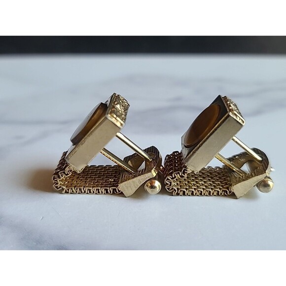 Tiger's Eye Gold Tone Mesh Metal Cufflinks Vintage 1970's - Picture 6 of 10